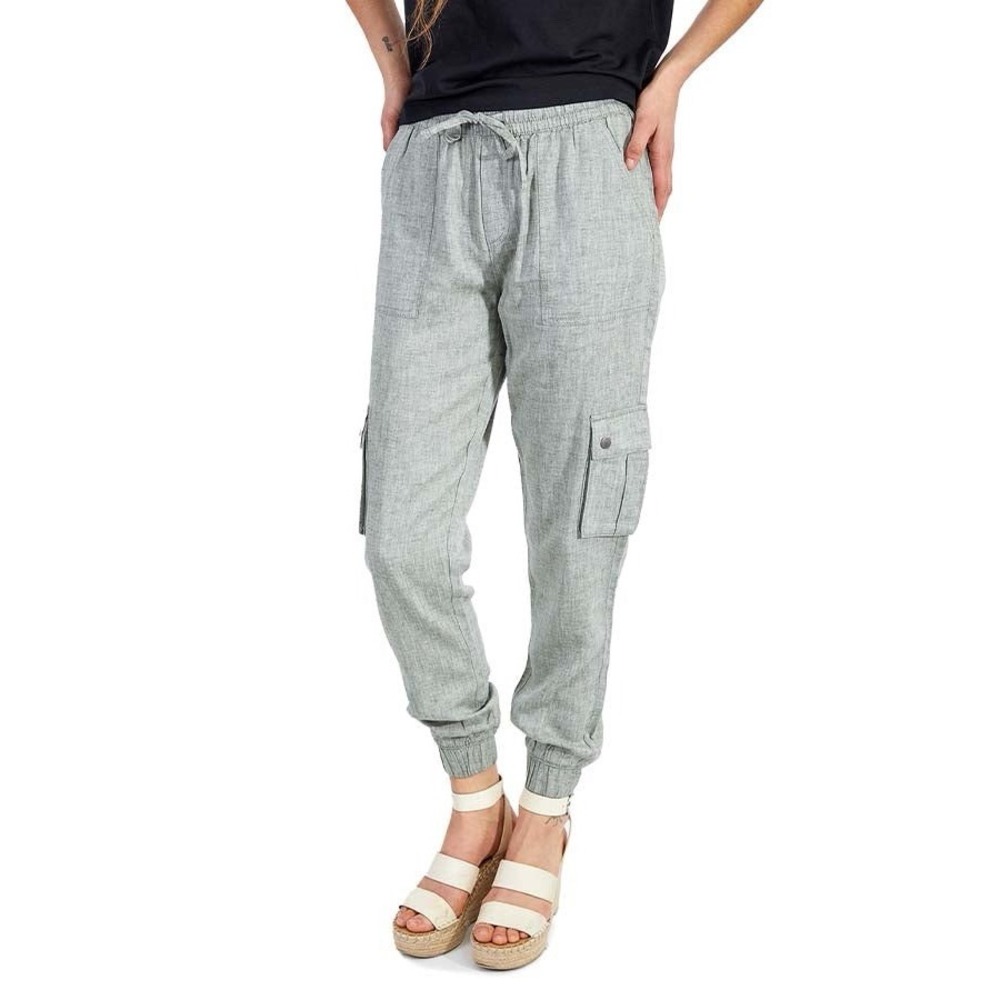 Silver Charlotte Joggers Womens S Heathered Black Gray Linen Blend Cargo Pull On - Picture 2 of 12